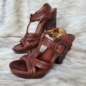 Frye Sage Trapunto Brown Leather Open-Toe Heels Sandals Wedge Buckle Sz 9 Chunky